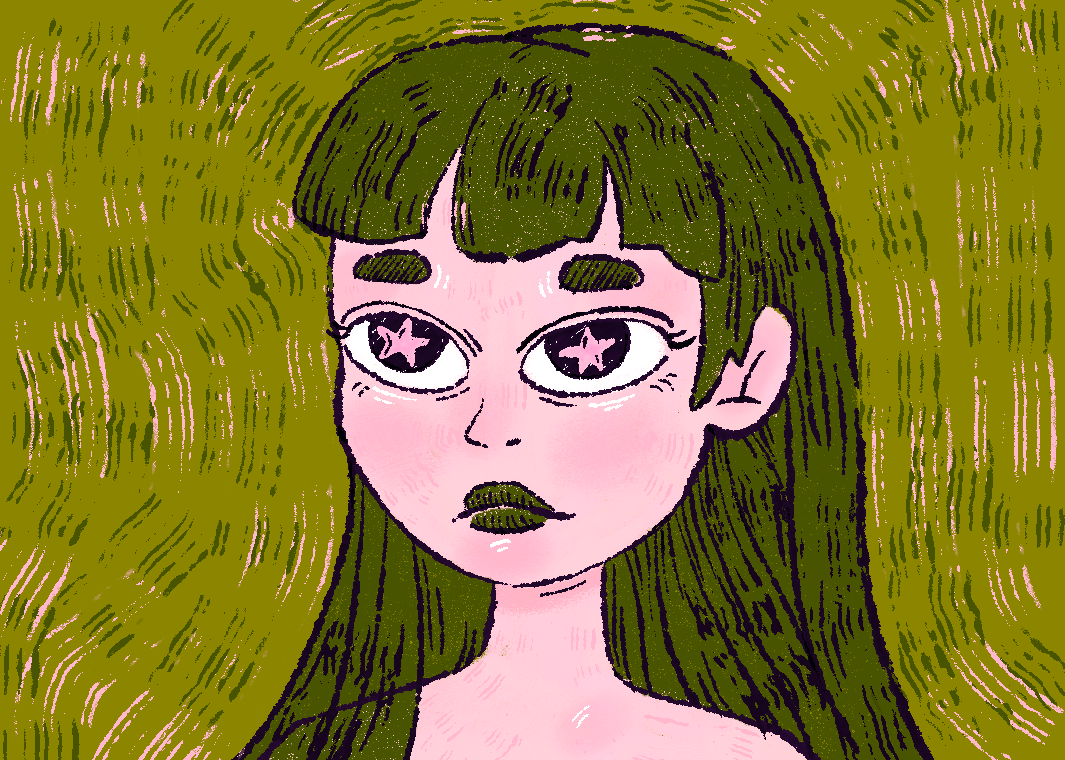 Lost in Thought - Character design blush cartoon emotion face female girl green lines pink portrait procreate skin stars texture think thought