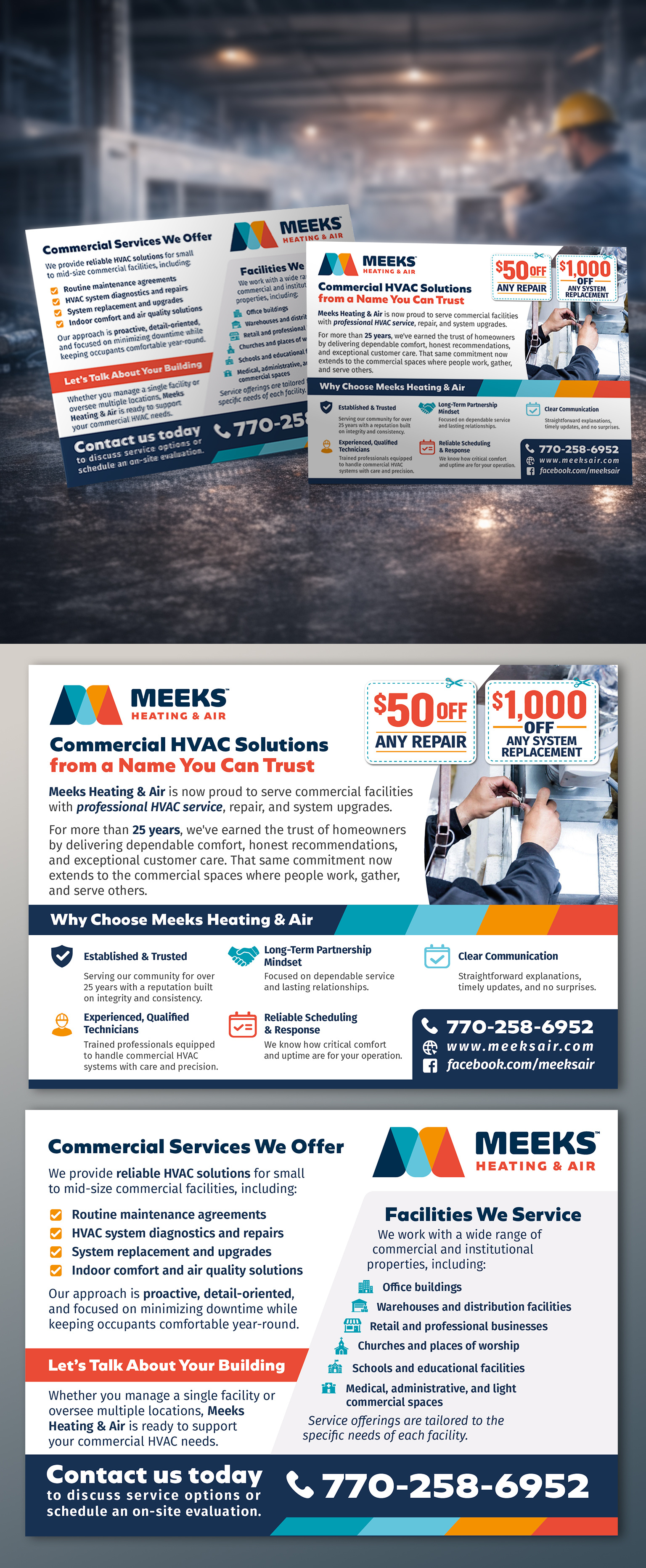 Commercial HVAC Services — Two-Sided Postcard Promo b2b marketing call to action cmyk commercial coupon design direct mail flyer hvac icons layout postcard print ready promotional service flyer vector