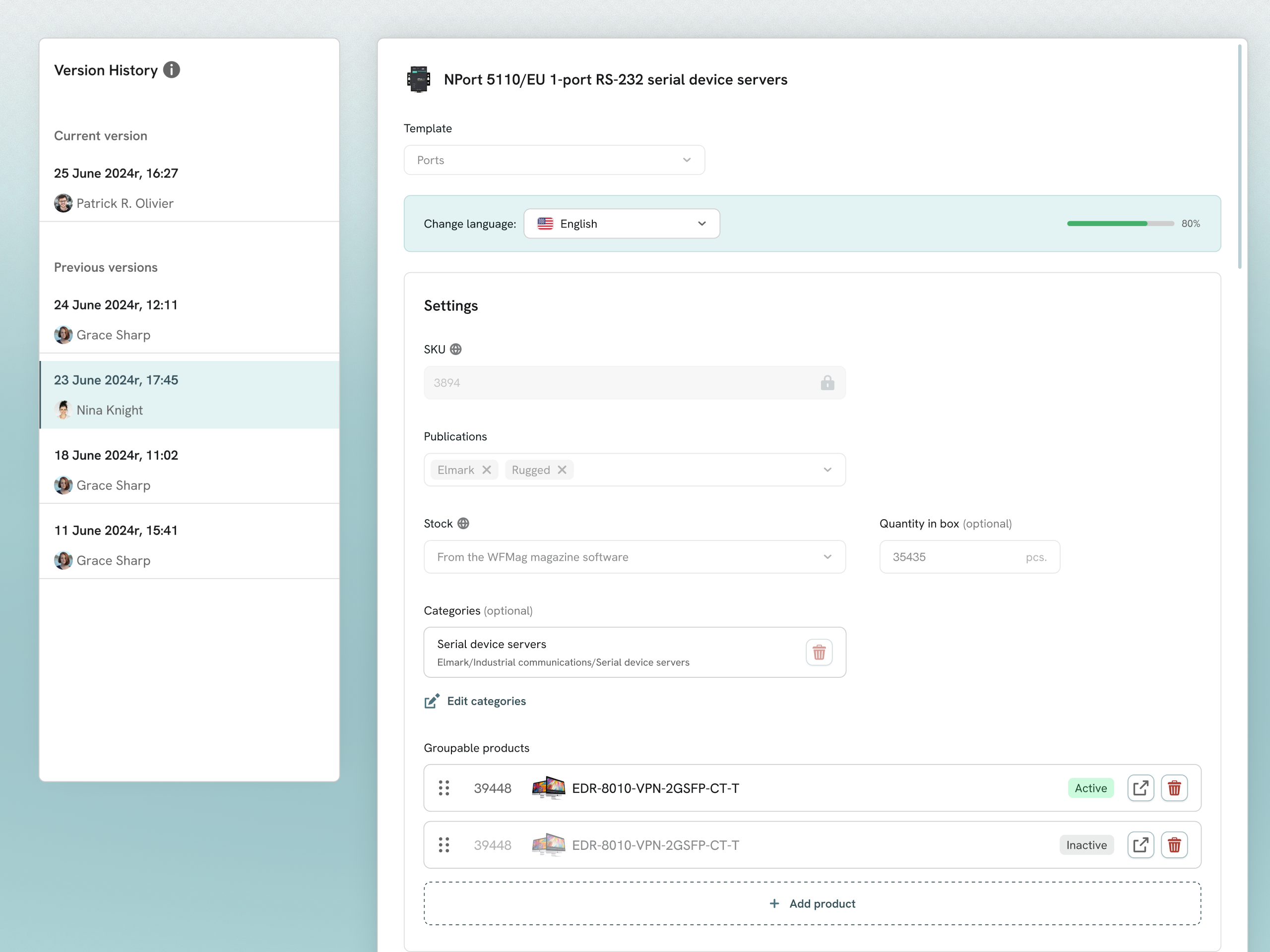 Version history - Elmark app application backup data data format detection erp error history minimal modal overwrite product restore simple ui ux validation version versions
