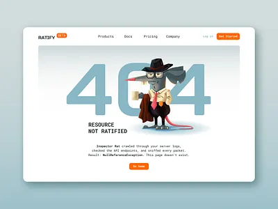404 Error Page for Ratify - SaaS 404 page branding bug tracking character clean ui code review concept design dev tools error page figma graphic design illustration not found product design saas ui ux web design