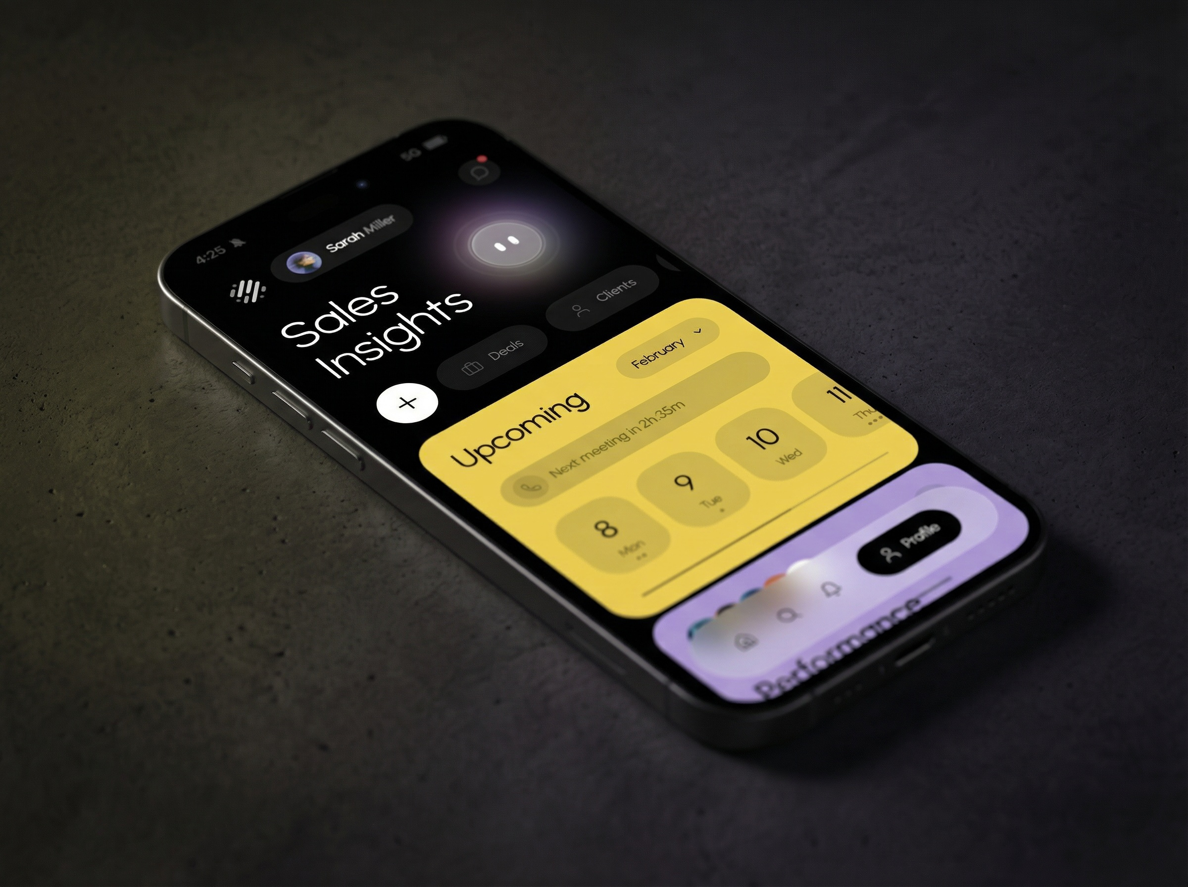 Sales Mobile App with AI Assistant Integration. Dark Mode.