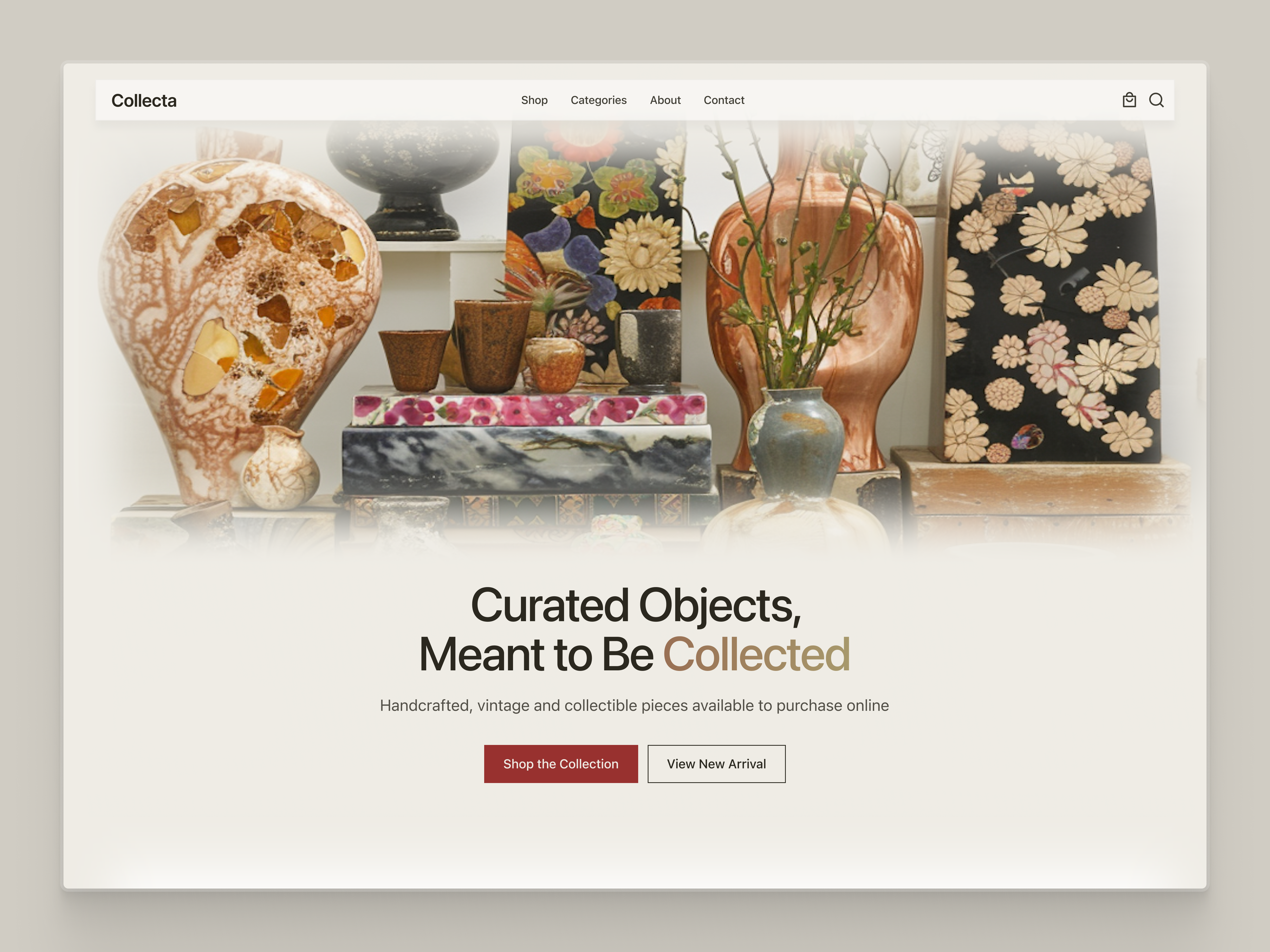 Editorial eCommerce Hero Section for Collectibles collectibles ecommerce editorial header hero section interior decor interior design landing page luxury minimal museum online store product shopify ui web design website design wingly