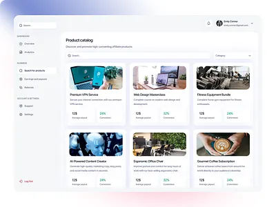 Product Catalog UI · Dashboard Design · Saas Affiliate Dashboard affiliate marketing clean design clean ui dashboard dashboard design ecommerce ui figma design gradients marketplace ui product catalog product listing saas dashboard saas product ui ux ux ui web app design