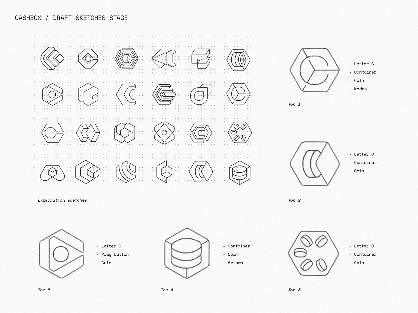 Cashbox — Logo Draft Sketches ai blockchain branding cash coin crypto defi esports exchange finance fintech gaming icon identity lepisov logo money tech token