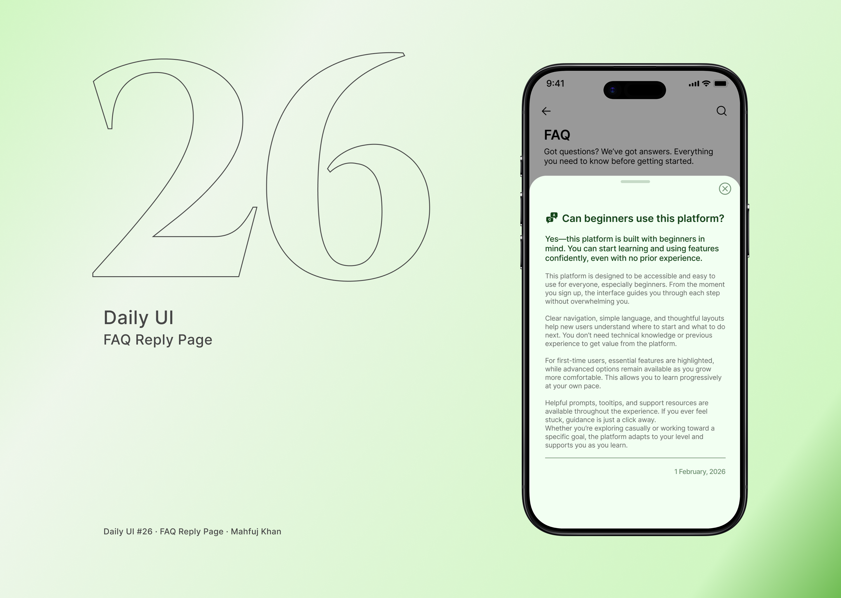 Daily UI #26 — FAQ Reply Page article view dailyui dailyui26 faq reply faq ui figma help center interface minimal mobile ui support ui uidesign ux design
