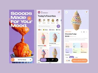 Creamy — Ice Cream Ordering App app design b2b b2c colorful creamy ecommerce food app ice cream mobile app mobile design order ordering app pastel product design scoops ui ux
