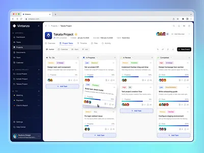 Vintanzo Project Management - Kanban Dashboard card clean company management dashboard design kanban kanban board managament managament dashboard productivity project project management saas task task management ui uiux ux