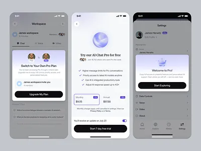 AI Chat Pro Upgrade Flow: Subscription, Pricing, and Workspace ai ai app design ai chat ai chat mobile app ai chat mobile app pricing ai mobile app app design chatgpt gemini grok mobile mobile app mobile app design mobile app pricing pop up pricing pricing mobile app pricing page product design uiux