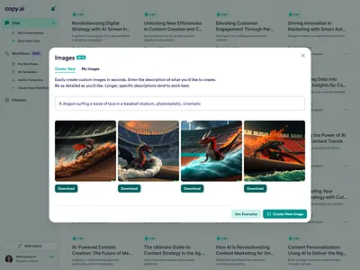 copy.ai Image Generation UI ai b2c copyai dragon flat generation gradient illustration image light mode llm modal ui ux web app
