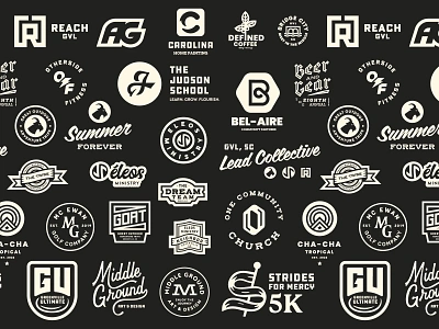 Middle Ground Co. Logo Round-Up 5k badge badge design branding business compilation goat lock up logo logo compilation logo design marathon ministry one color paint script script lettering simple logo typography ultimate frisbee