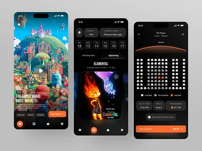 Movie Ticket Booking App Design app booking booking app cinemas clean dark dark mode design figma film ios mobile movie movie app netflix seats ticket ui uiux ux