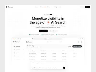 Dasne.ai - AI Search Visibility Dashboard aisearch b2bsaas cleaninterface dashboardui design hrtech landing page modernui productdesign saasdashboard ui uiuxdesign web web design webdesign website