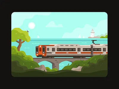 Connecticut DoT - Shoreline bridge city commuting connecticut dot forest illustration landscape lighthouse ocean shoreline spring town train transportation