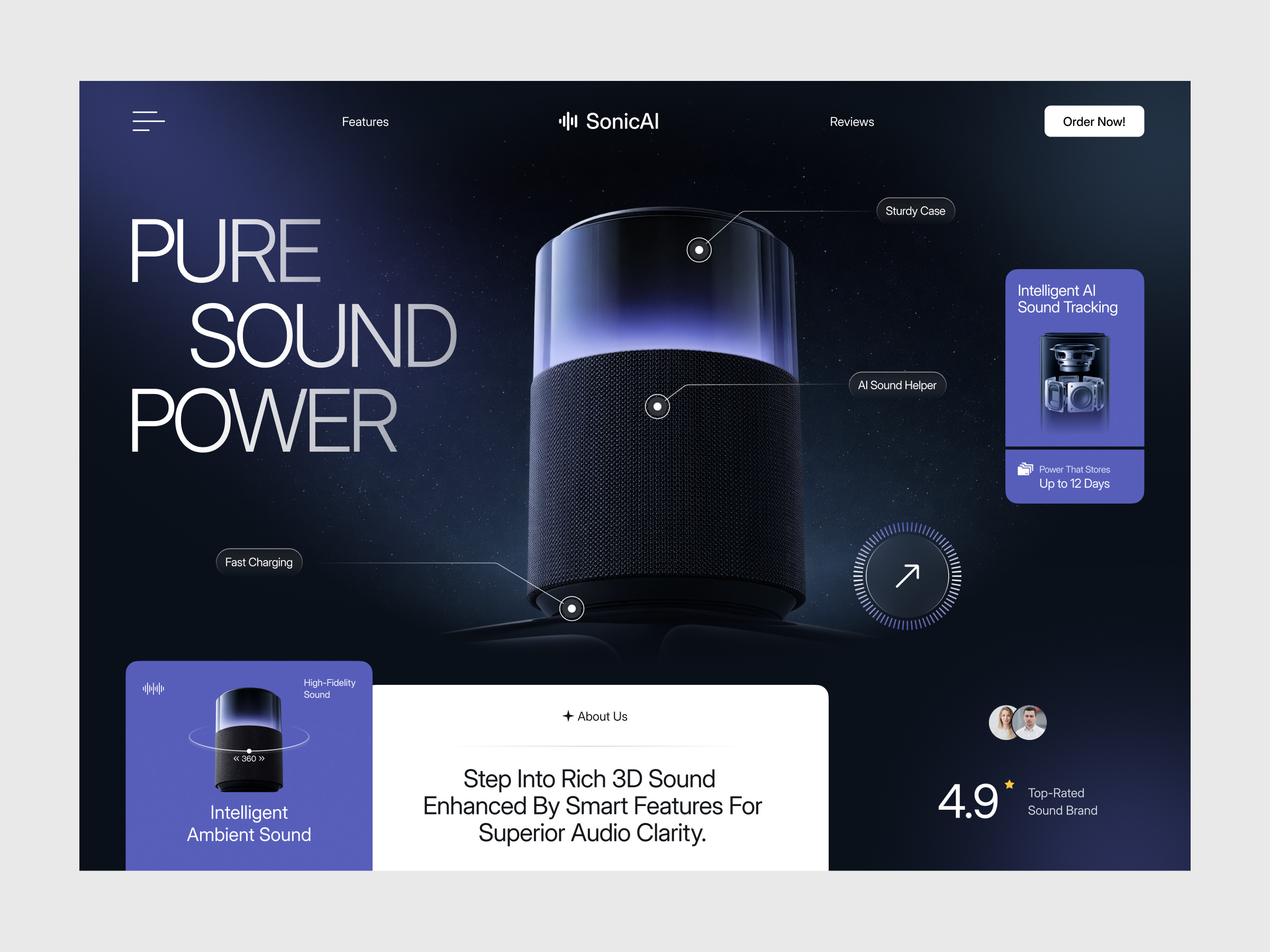 Smart Audio Product Website Design 3d sound speaker ai speaker audio device landing page bluetooth speaker web design dark mode audio landing futuristic bluetooth speaker high tech speaker design minimal speaker website portable audio ui design product design sound power product page speaker app landing speaker hero section web design website design wireless speaker