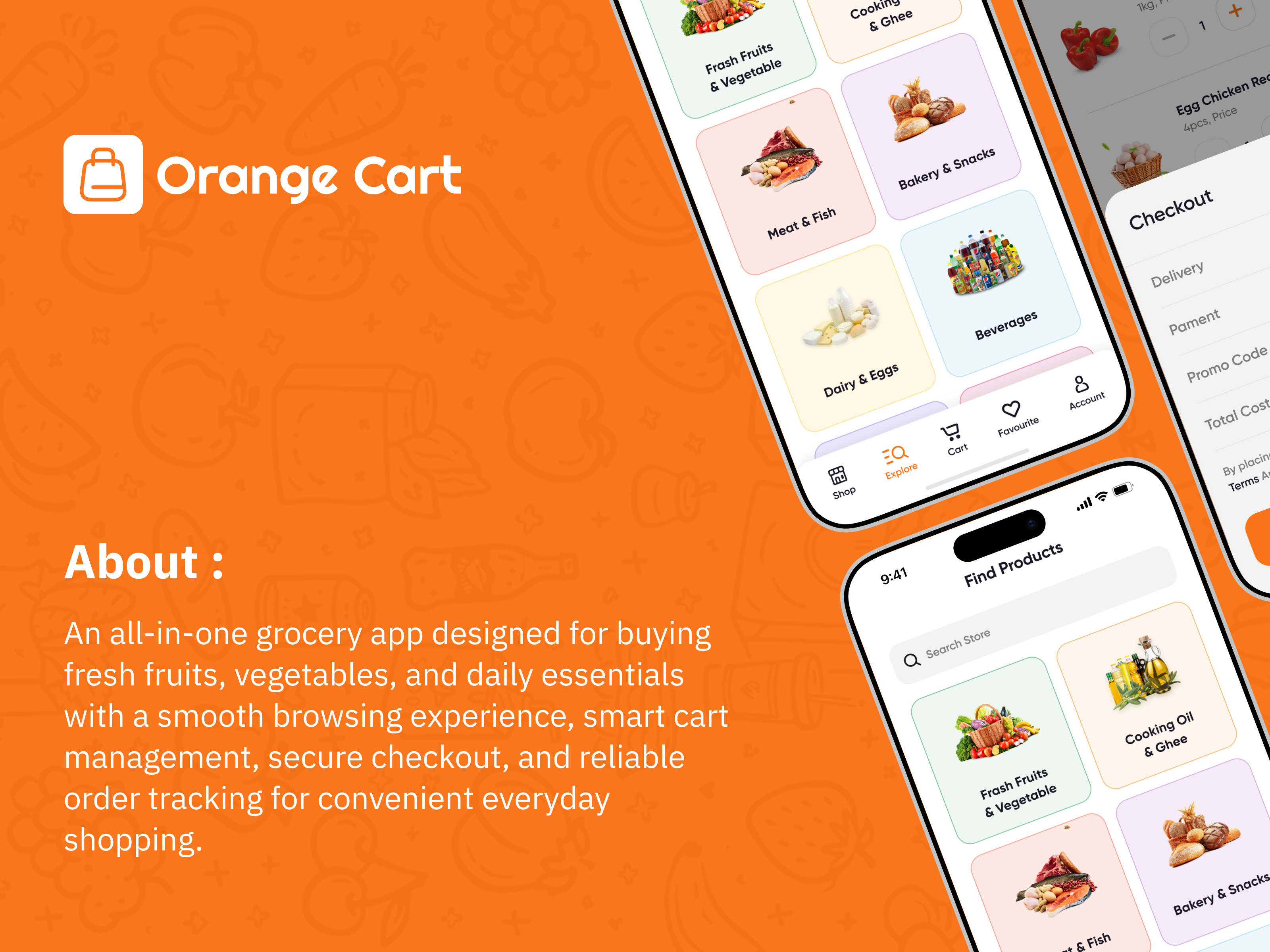 Orange Cart Mobile App appdesign branding cartui checkoutflow ecommerce figma groceryapp interactiondesign minimaldesign mobiledesign moderndesign onlineshopping productdesign ui uidashboard uidesign userinterface ux uxdesign webdesign