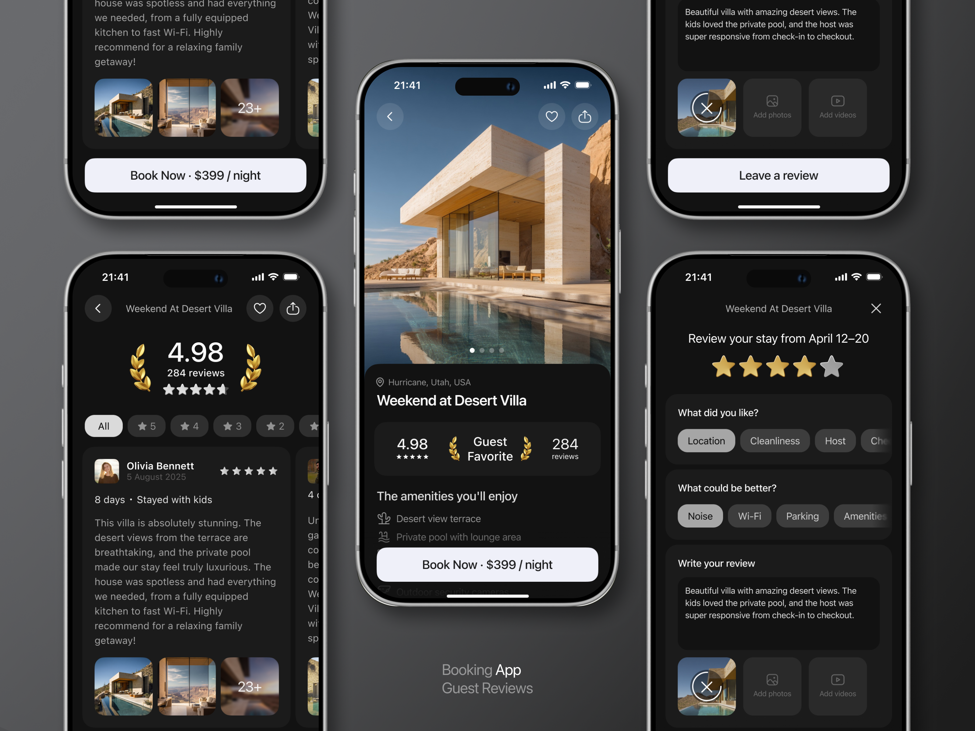 Hotel Booking App – iOS Product amenities availability booking calendar cards cta darkmode expandable gallery guests heroimage hotel photos pricing property ratings reviews stars summary travel