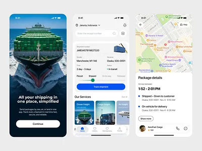 Shipment - Mobile App Design android cargo clean courier app delivery design e commerce app freight ios logistics management mobile app order package parcel app services ship shipment tracking shipping ui ux