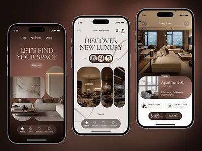 Velvet Nest — Space Rental App Concept apartmentbooking archshapes blurredlayers editorialui glassmorphism interface luxuryui minimal modernclassic productdesign propertyrental realestateapp roundedcards softgradients typography ui uidesign ux uxdesign warmminimalism