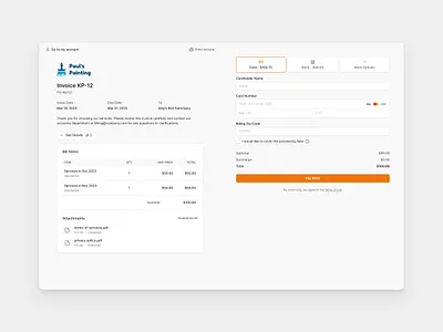 Pay invoice accounts receivable billing portal checkout ui clean dashboard flat invoice attachments invoice details invoice payment minimal pay invoice payment form payment methods saas shadcn shadcnui subscription billing tailwind
