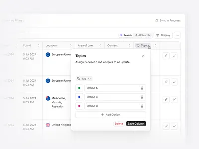 Add tags bulk edit clean column settings dashboard data table enterprise saas filter bar flat minimal modal dialog multi select field saas shadcn shadcnui table view tag management tailwind workflow tool