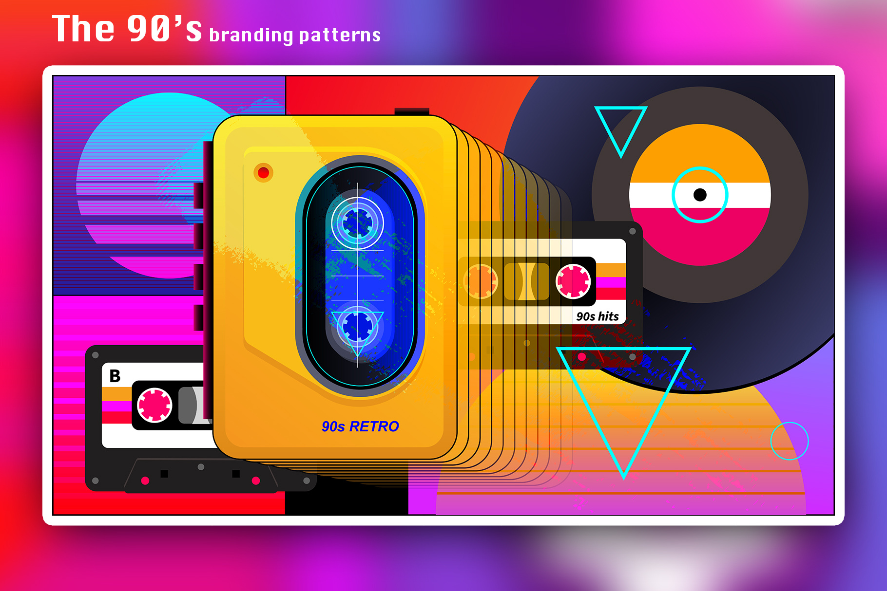 90s branding patterns 80s 90s branding cassete cassete player colorful colors design geometric illustration music seamless pattern vector vibrant colors