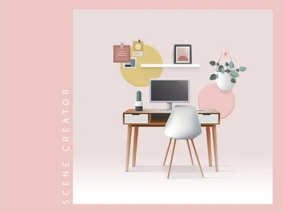 Office space illustration - scene creator 3d branding colorful colors design freelance furniture illustration graphic design illustration mid century office desk office plant office space illustration scene creator soft 3d vector work from home