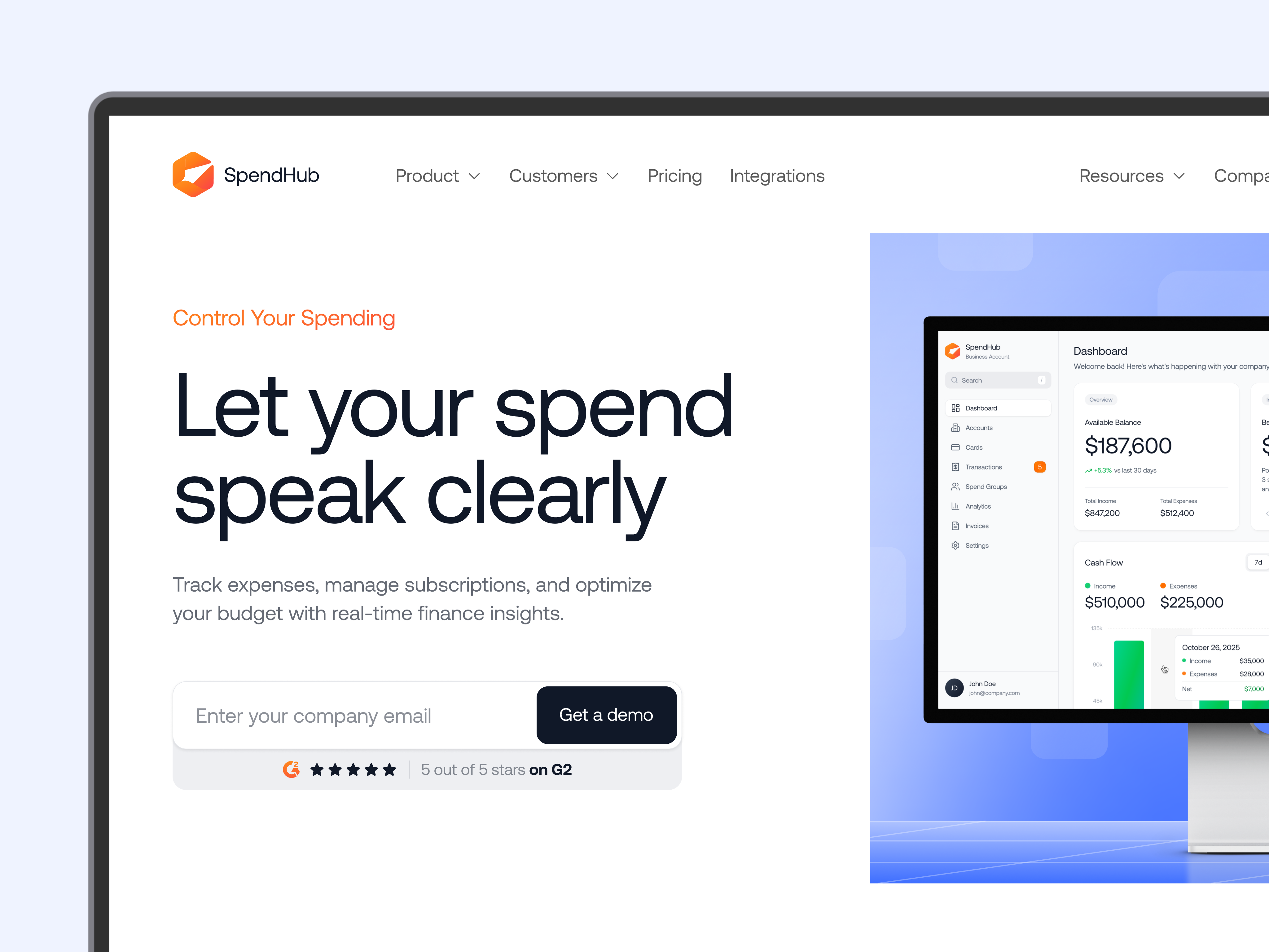 Example of SaaS Landing Page Hero for a Spending Tracking App