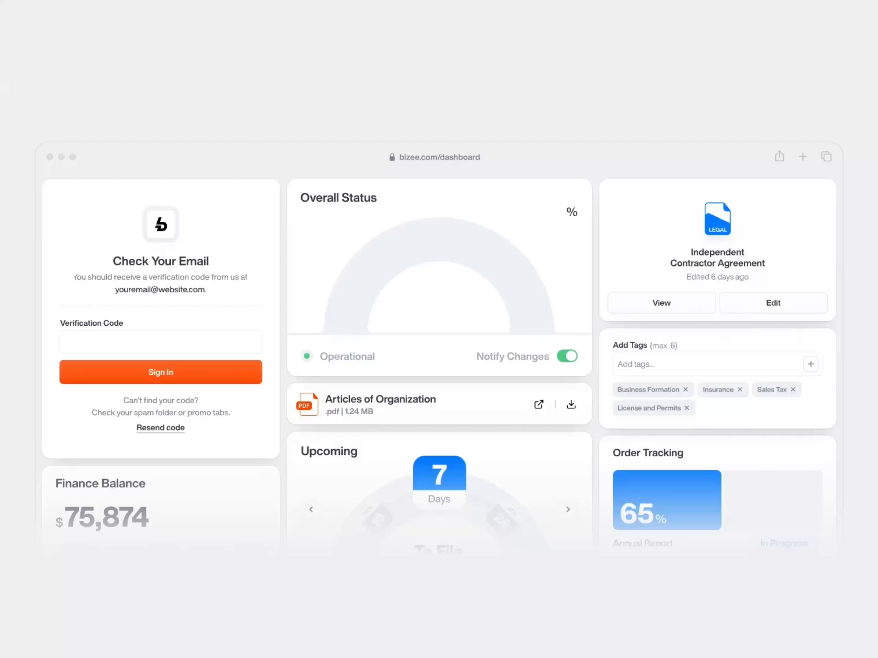 Example of Bizee Dashboard