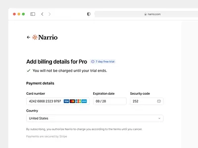 Narrio - Checkout Process billing checkout checkoutpage creditcard dashboard date dropdown order payment plan tax trial ui upgrade ux website