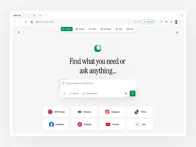Brizo - Ask. Search. Discover. 2026 ai ai browser animation attach file bar browser card dpopstudio find find card jitter kk modern motion pop up search searching form shadow ui