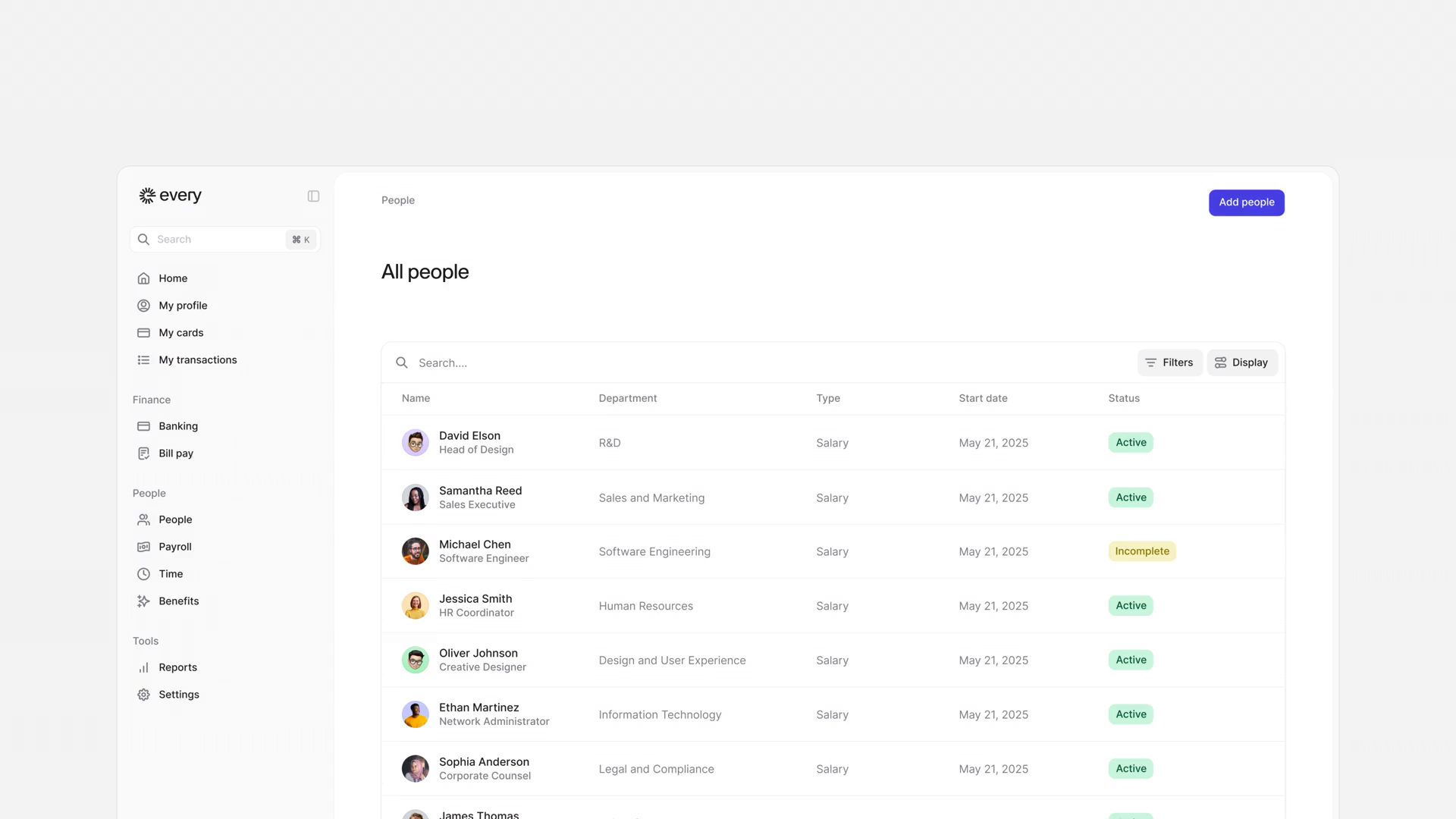 Example of Filters for the people page