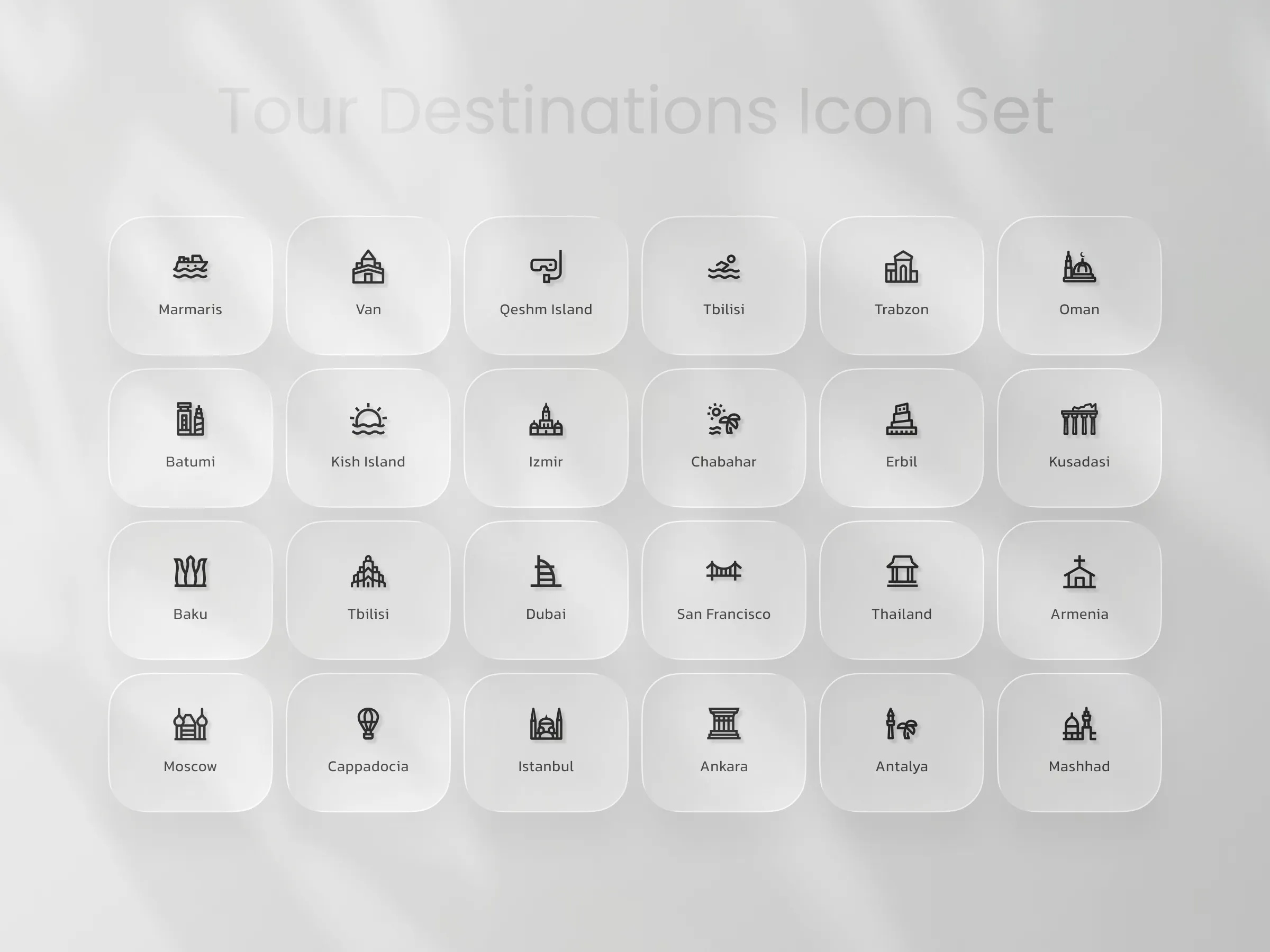 Tour & City Destinations: Custom Icon Set city icon city iconset city landmarks clean destination icons graphic design icon set iconography map icons minimal modern iconset shadow tour icon tourism design travel icons ui assets uidesign vector icons