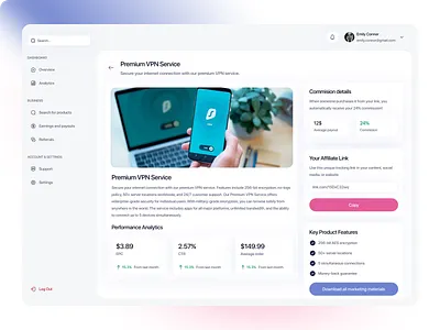 Affiliate Product Overview · Saas Dashboard Design · Insights affiliate dashboard affiliate marketing affiliate platform clean design dashboard dashboard design figma design gradients product analytics product details page saas ui ui ux ux ui web app design