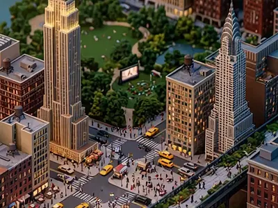 Tilt-shift 3D diorama pans into a buzzing miniature Manhattan. 3d graphic design motion graphics veo