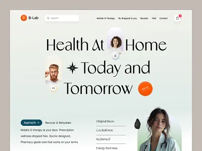 At-Home IV Therapy Platform clean cream doctor healthcare iv therapy landing page medical minimalist modern ui orange serif web design website wellness