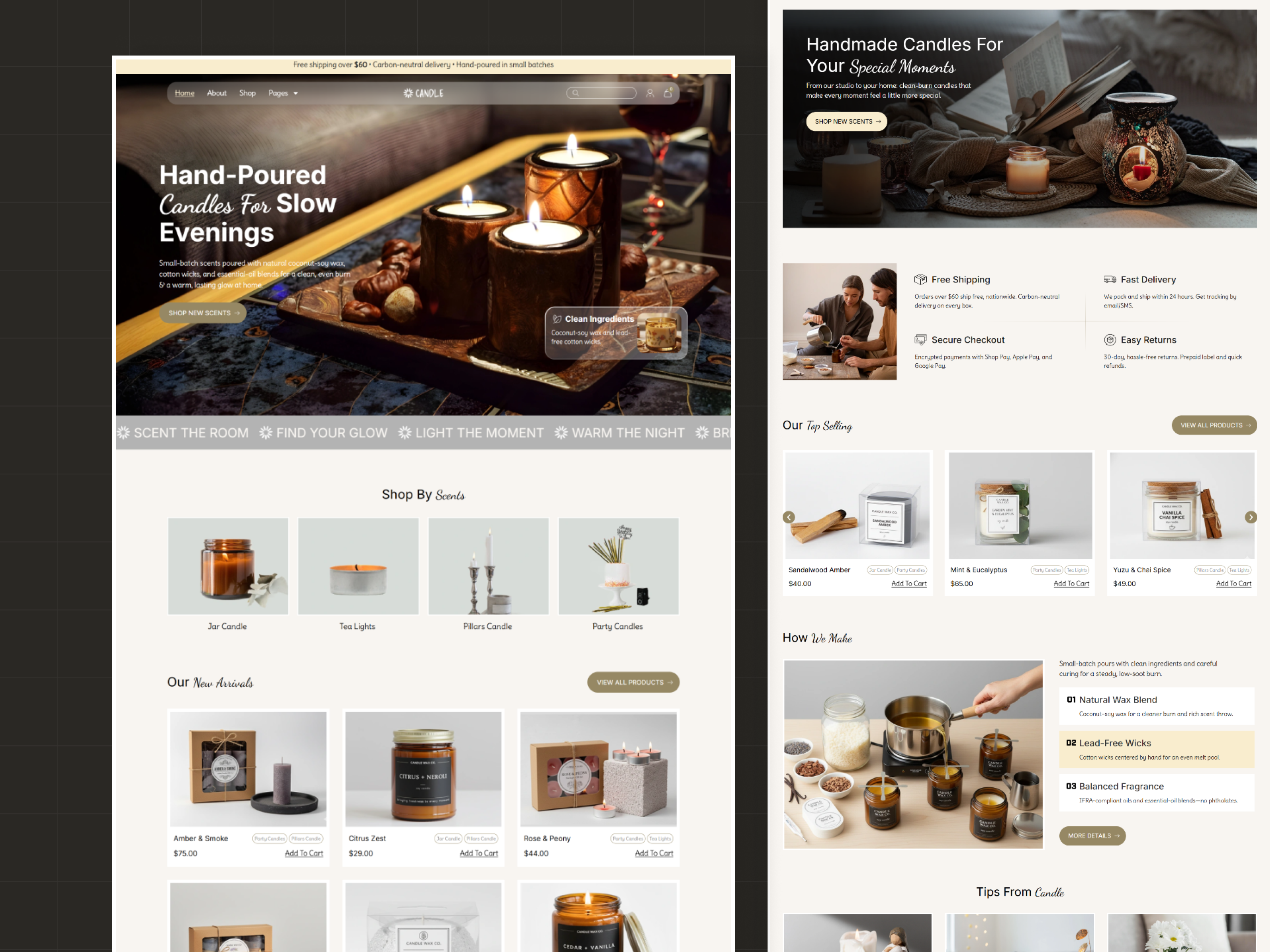 Candle Ecommerce Shop Website Design agency candle candle shop candle website ecommerce design handmade candle handmade candle branding handmade products store luxury candle website minimal website online store products listing products page raddito shopify design shopify store web web design website woocommerce website
