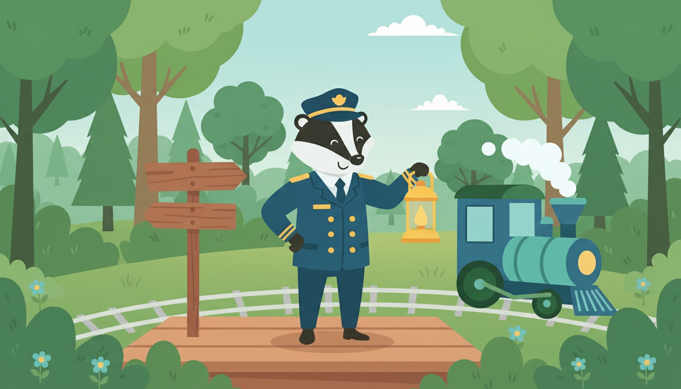 Forest Railway: Badger Conductor Flat Vector animals cute forest illustration kids landscape illustration outdoor railway train travel web