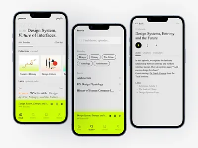 Podcast App UI Design – Home, Search & Podcast List apps audio player clean design gray interface minimal mobile app modern neon green playlist podcast ui ux