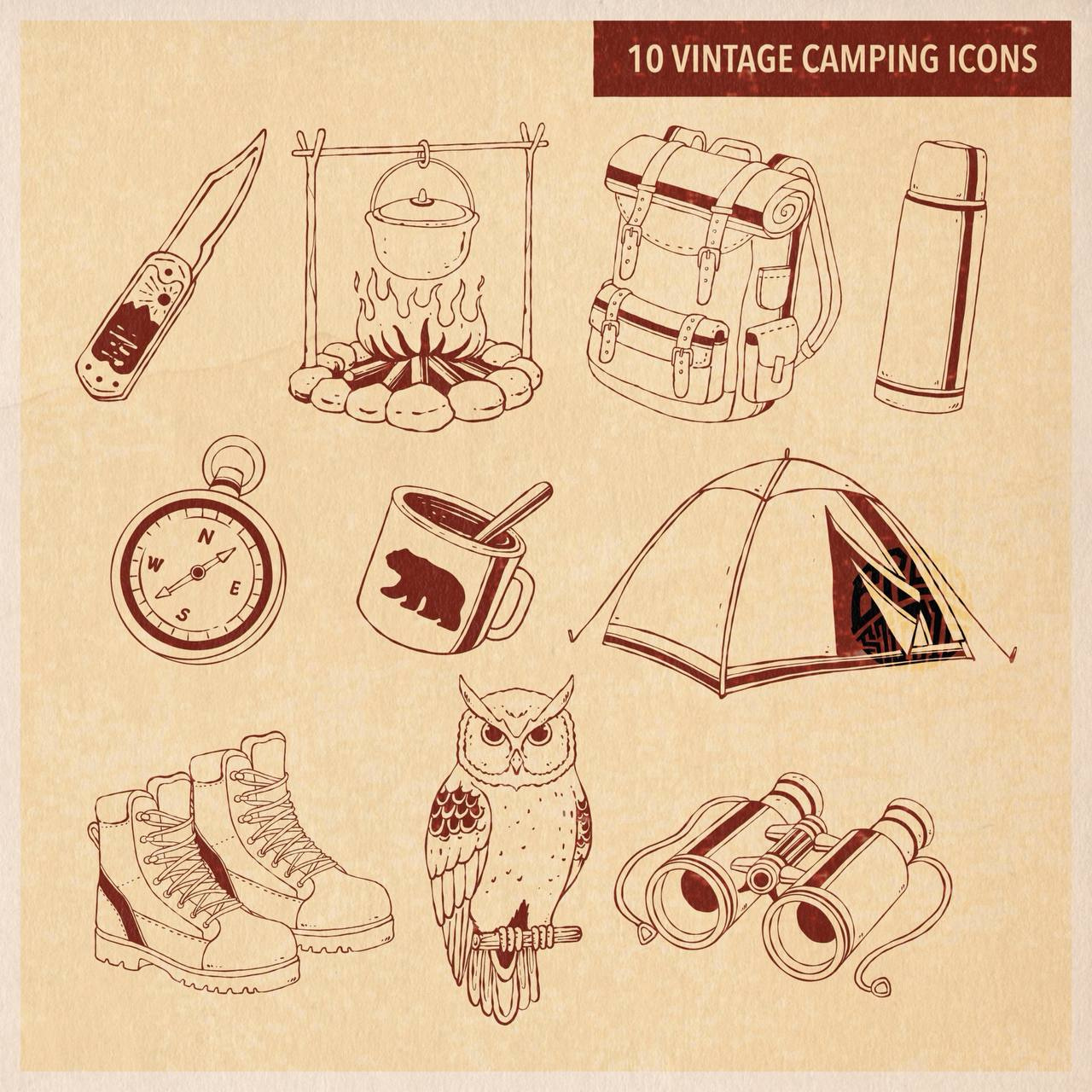 Vintage camping icons adventures design camping equipment creative market icons illustration illustration merch outdoor lifestyle outdoor lifestyle design outdoors vintage posters
