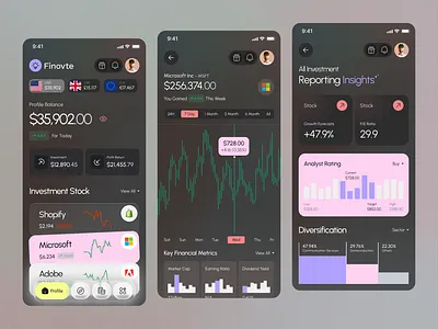 Stock Investment Mobile App UI chart chart design dark interface fintech app fintech application investment investment app investment application investment ui saving stock app trading wealth