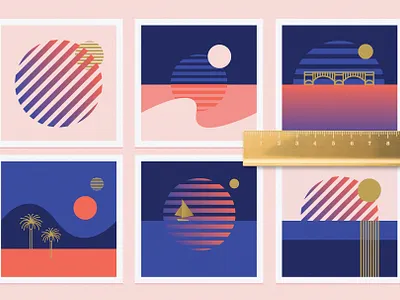 Minimal retro illustration kit abstract blue branding bridge colorful colors geometric golden graphic design horizon illustration minimalism modern palm trees red retro summer sunset vector yacht