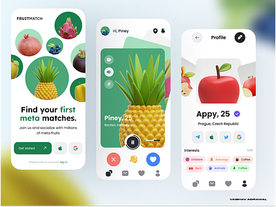 Fruitmatch 3d app design apple banana branding cards fruit graphic design landingpage mango mockup modern playful tinder ui