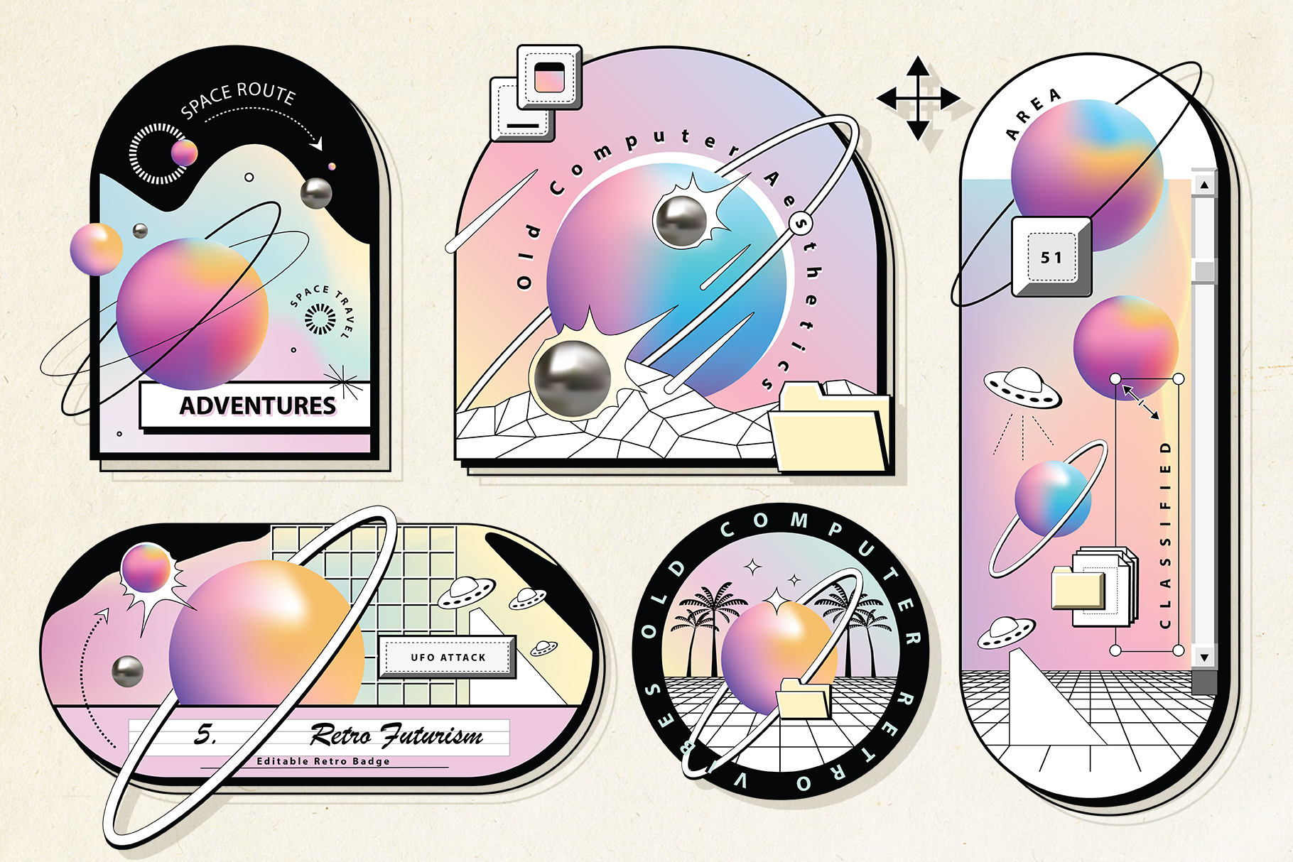 Old Computer graphics badge set 80s 90s 90s badges abstract branding colorful colors design geometric illustration logo old computer old computer ui pastel colors retro retro badges retro emblem vector