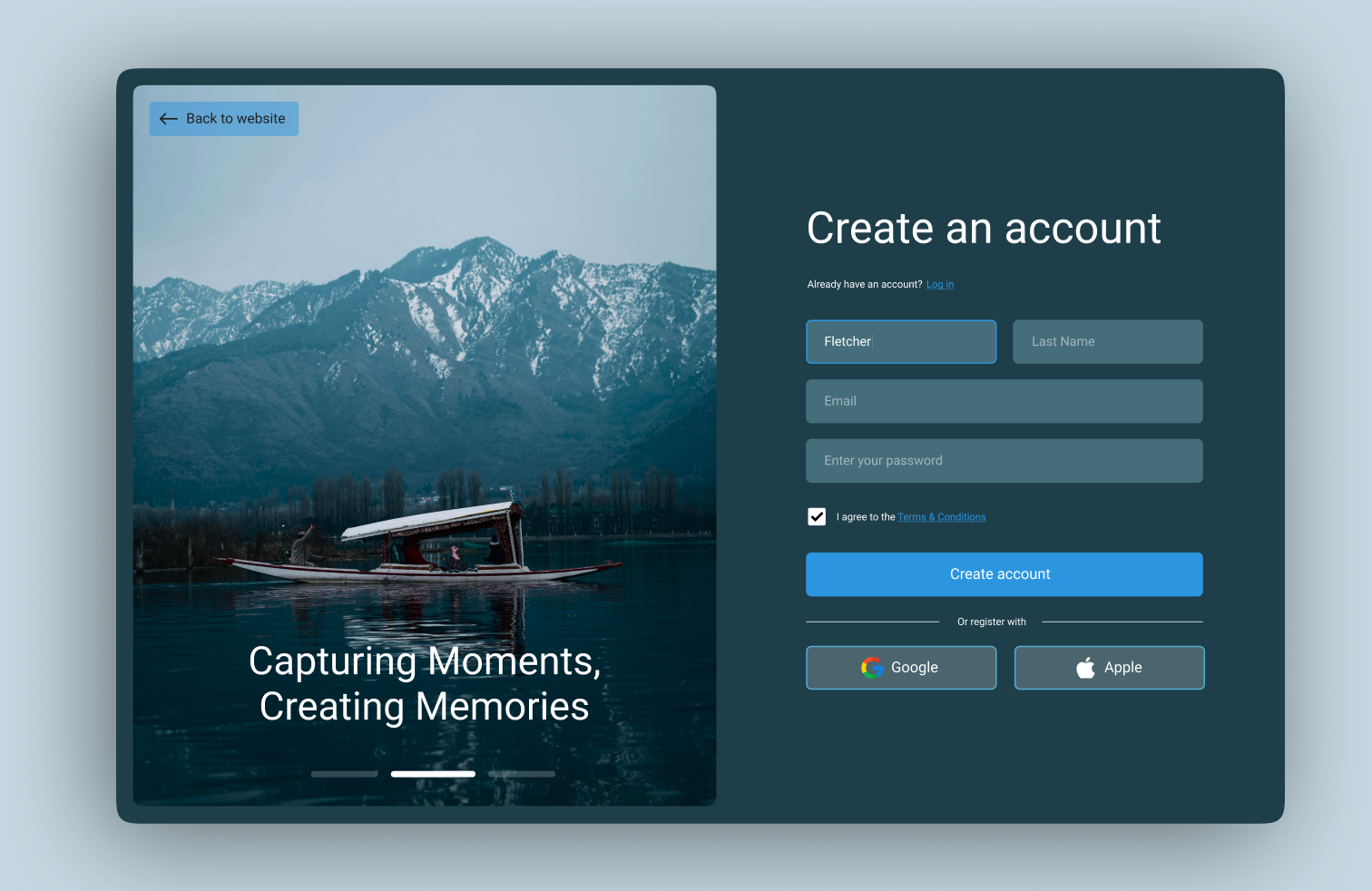 Modern Travel App Sign In/Sign Up Page – Dark Mode aesthetic auth cleanui darkmode darkui formdesign interface landingpage minimalist modernui photography registration signup travelapp ui uidesign userinterface ux uxdesign webdesign