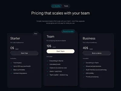 Pricing - Lumen AI ai b2b bento grid dark dark theme design futuristic glass morphism hero high conversion minimalist modern premium pricing research ai saas tech startup ui web design