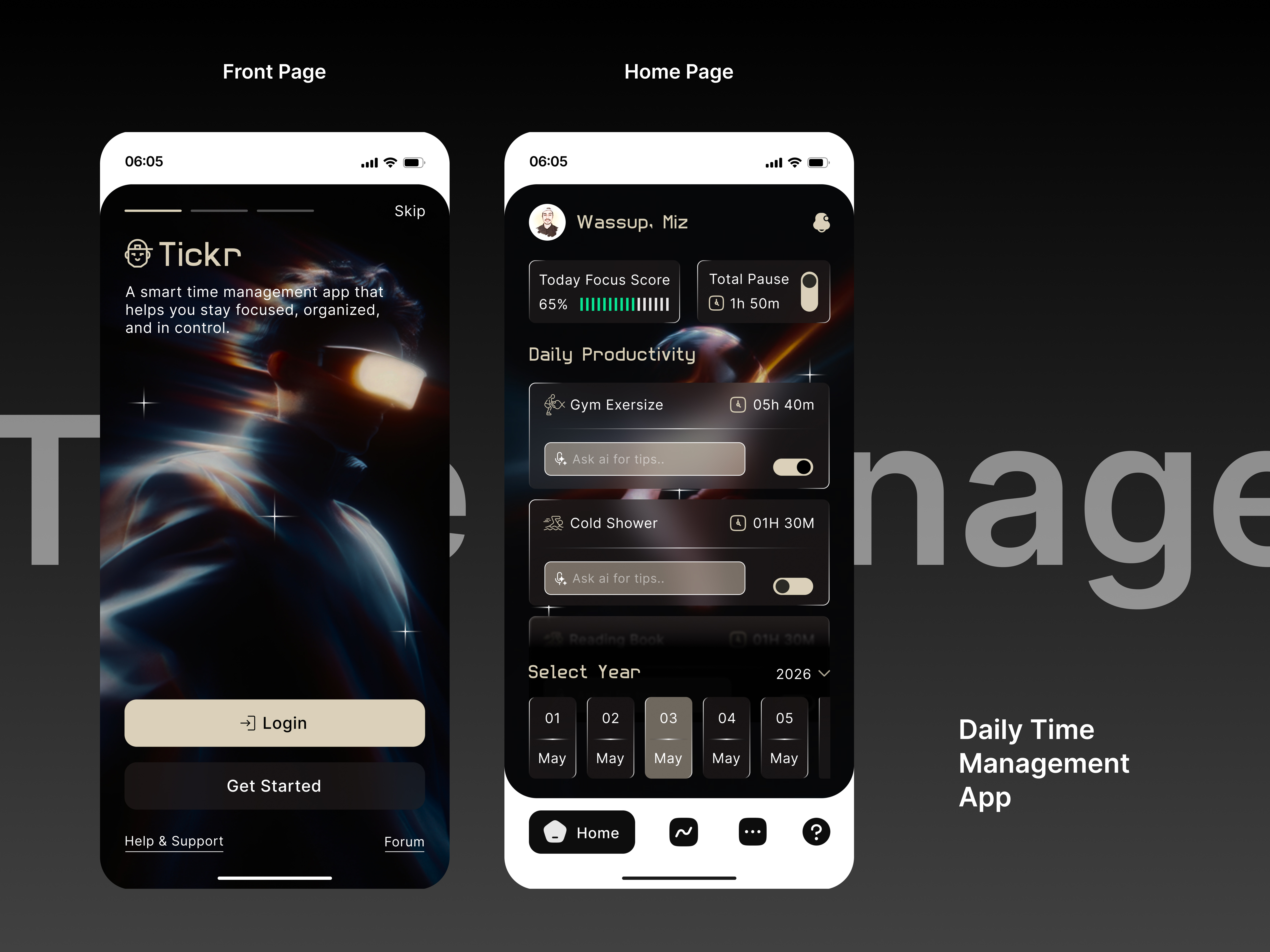 Tickr Daily Productivity AI Time Management App UI app app design app ui app ui design appui branding design figma logo productivity app time management app typography ui ui design uiux uiux design user experience user experience design user interface design ux