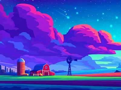 A Farmhouse america art children book art farm farming flat illustration house illustration kurzgesagt landscape mounstains peace real estate sky sunset twilights vector village west