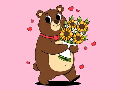 Cute Bear Delivering a Bouquet of Sunflowers animal bear branding cartoon character colorful cute design graphic design happy illustration logo love ui valentine