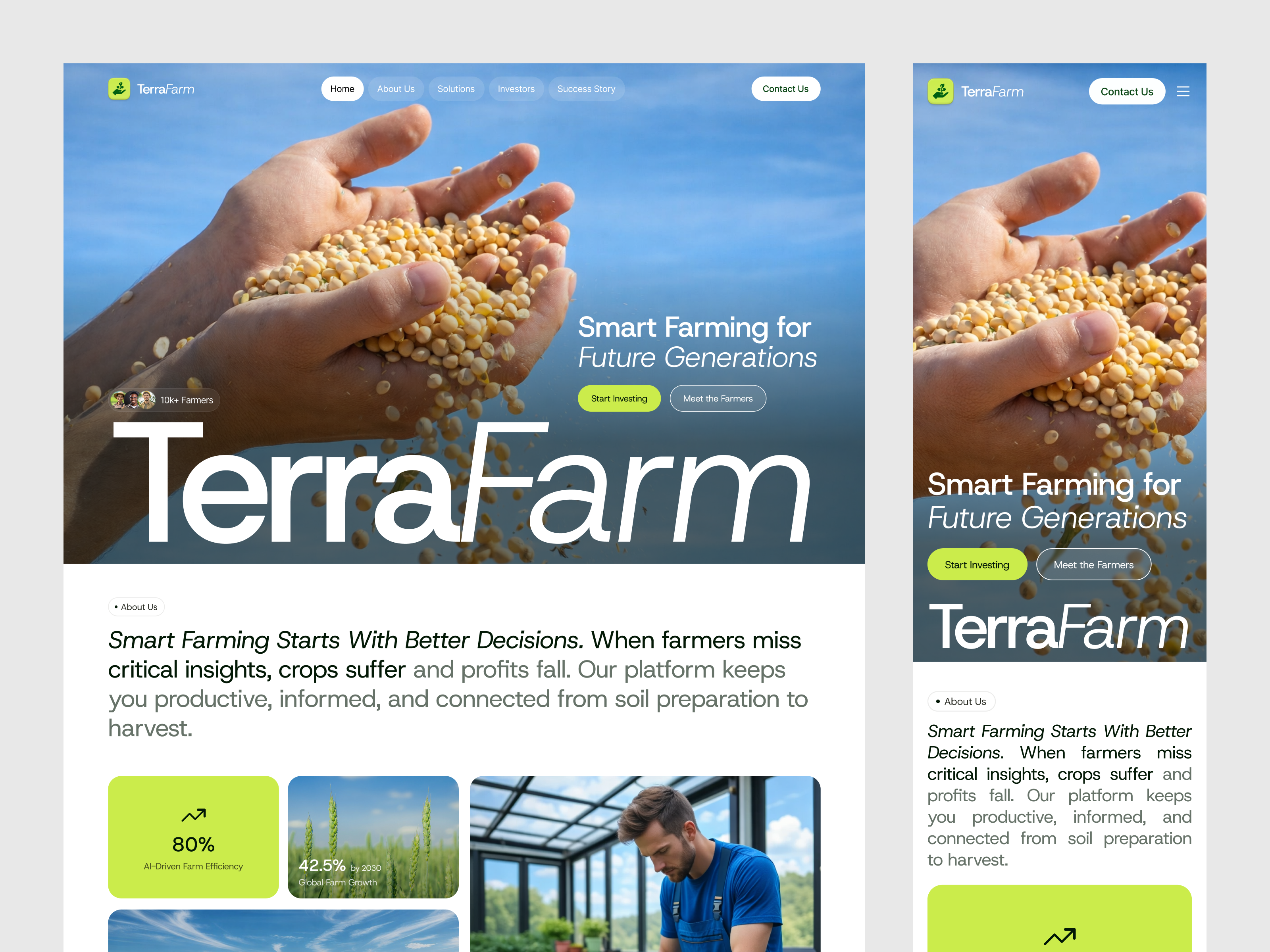 TerraFarm - Modern Farming Website agri startup website agribusiness website agriculture web design crop management platform farm management ui farming saas design modern farming website oripio oripio design agency precision farming ui rural tech design sajibur design smart farming ui sustainable farming design usa agriculture website