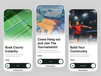 Sports Booking App UI — Onboarding Screens app design athlete app badminton badminton app book court online booking app community sports fitness app football app match making app mobile mobile app pickleball app product design sports sports app sports booking sports tech tennis app ui design